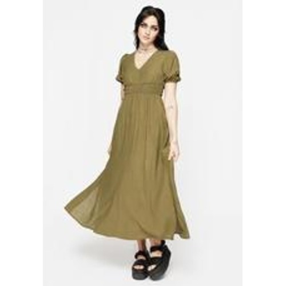 Disturbia Tryphena Shirred V Neck Midaxi Dress Olive Green Size 8‎ New With Tags